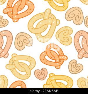 Nahtloses Muster aus Brezeln Bäckereielementen für die Lebensmittelgestaltung Stock Vektor