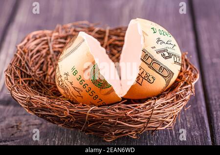 Zerbrochenes Ei mit dem Bild von Dollar im Nest. Selektiver Fokus Stockfoto