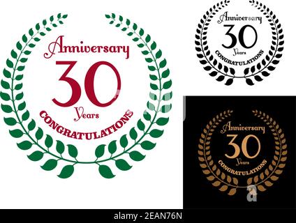 Jubiläumsfeier Emblem mit Lorbeerkranz und Text Jubiläum 30 Jahre Herzlichen Glückwunsch Stock Vektor