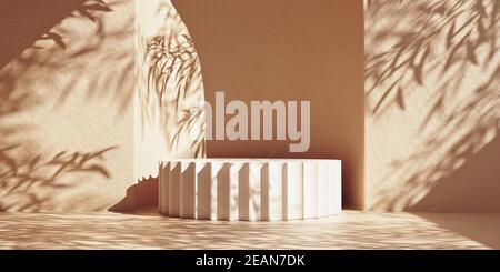 Mockup Säule Stein Podium mit Blattschatten an rauer Wand. 3D Rendering-Illustration. Stockfoto