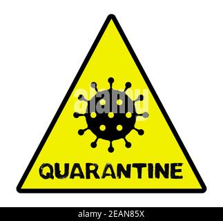 Quarantäne - Covid-19-Symbol auf gelbem Warnzeichen Stockfoto