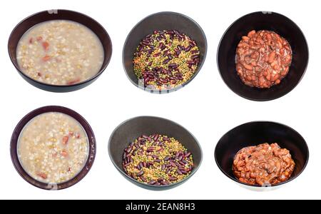 Set von Bohnen Schüsseln in schwarzen Schüsseln isoliert Stockfoto