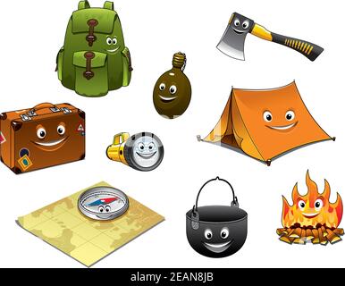 Cartoon Camping und Reise-Icons Set mit Rucksack, Flasche, Axt, Koffer, Laterne, Zelt, Pfanne, Topf und Feuer Stock Vektor