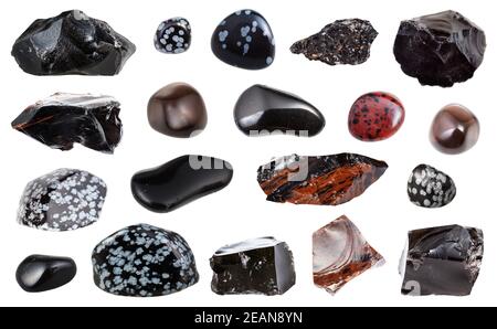 Sammlung von verschiedenen Obsidian Stein isoliert Stockfoto