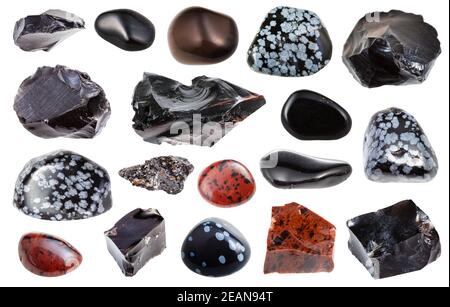 Collage aus verschiedenen Obsidian mineralischen Edelsteinen Stockfoto