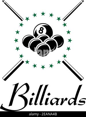 Billard und Snooker Sport-Emblem mit Kugeln, Queue, Sterne und Text für Sport-Logo und Freizeit-Design Stock Vektor