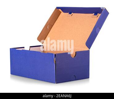 Blaue offene Schuhbox isoliert auf weißem Hintergrund Stockfoto