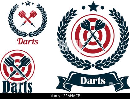 Drei verschiedene Darts Embleme oder Abzeichen mit einem Satz von Gekreuzte Darts mit einem Dartbrett oder Lorbeerkranz und Text unten - Darts - eine in einem Band Banner Stock Vektor