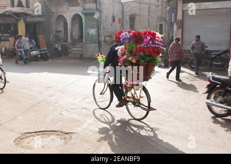 Jodhpur India Flower Vendor Fährt Mit Seinem Fahrrad Durch Die Blaue Stadt Stockfoto