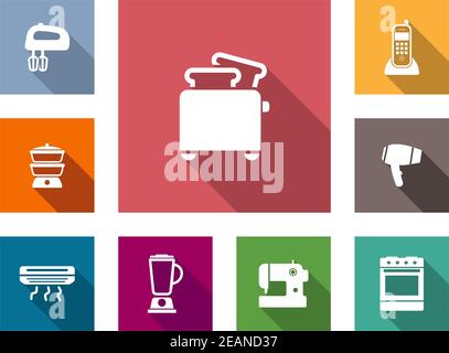 Flat Home Geräte Icons Set mit Stabmixer, Gasherd, Heizung, Mixer, Nähmaschine, Backofen, Haartrockner, Telefon und Toaster Stock Vektor