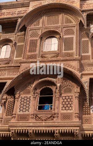 Jodhpur India Haveli in Mehrangarh Fort aus Sandstein geschnitzt Stockfoto