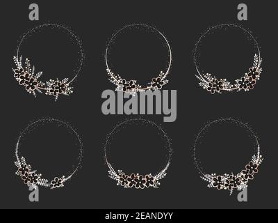 Vektor-Set von Rahmen mit handgezeichneten Blumen und floralen Elementen. Dekorative Kränze Kollektion. Goldene und schwarze Elemente. Stock Vektor