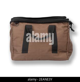 Offene braune Textil-Reisetasche mit Griffen Stockfoto