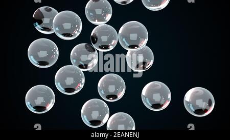 Viele fallende Glaskugeln, Computer generiert. 3d-Rendering von kristallklarem Hintergrund Stockfoto