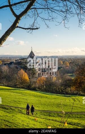 Blick über Terrace Field und Petersham Meadows auf die Themse mit Wald und öffentlichen Fußwegen im Herbst, Richmond Hill, London Stockfoto