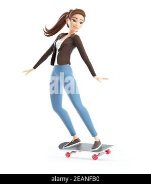 3D Cartoon Frau tun Skateboard, Illustration isoliert auf weißem Hintergrund Stockfoto