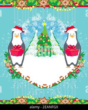 Pinguin mit Weihnachtsgeschenk - lustige Karte Stockfoto