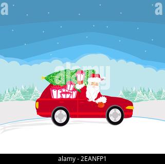 Abstrakte Karte mit Santa Claus Auto fahren und gibt Geschenke Stockfoto