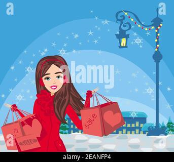 Schönes Mädchen auf Winter Shopping - Karte Stockfoto