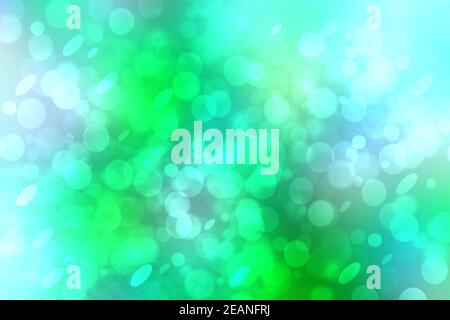 Abstraktes Farbverlauf grün helltürkis blau glänzend verschwommen Hintergrund Textur mit kreisförmigen Bokeh Lichter in weichen Farben Stil. Wunderschöne Kulisse. Platz für Design. Stockfoto