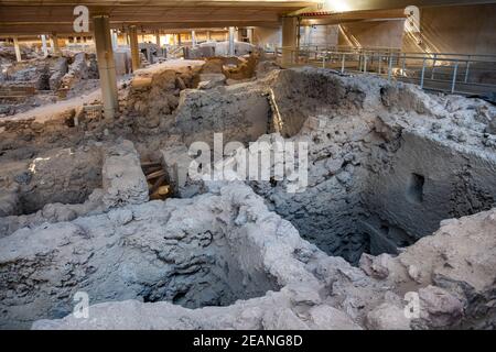 Prähistorische Stadt Akrotiri, Santorini, Kykladen, griechische Inseln, Griechenland, Europa Stockfoto