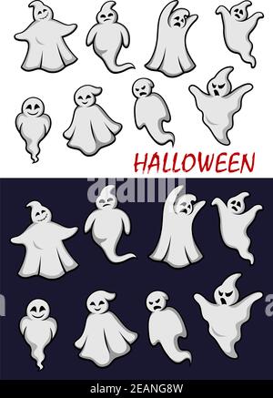 Niedliche Cartoon Halloween Geister in fließenden weißen Roben in verschiedenen Gruselige Posen mit verschiedenen Ausdrücken in zwei Farbvarianten auf Weiß und ein dunkles BA Stock Vektor