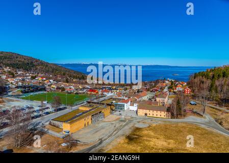 Luftaufnahme des Vorortteils von Trondheim von der Festung Sverresborg, Norwegen Stockfoto