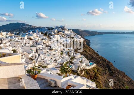 Weiß getünchte Häuser auf der Caldera, Fira, Santorini, Kykladen, griechische Inseln, Griechenland, Europa Stockfoto