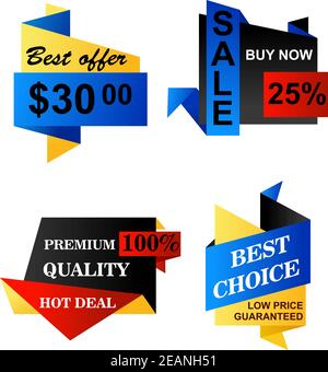 Set von Origami-Business-Banner mit Text Best Offer, Best Choice, Low Price Guaranteed, Hot Deal, Premium-Qualität, Verkauf Jetzt kaufen für Unternehmen und mar Stock Vektor