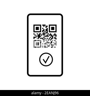 QR-Code auf Handy-Bildschirm mit Häkchen schwarz Symbol. Stock Vektor