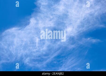 Skurrile wirbelnde Wolken in einem blauen Himmel Stockfoto