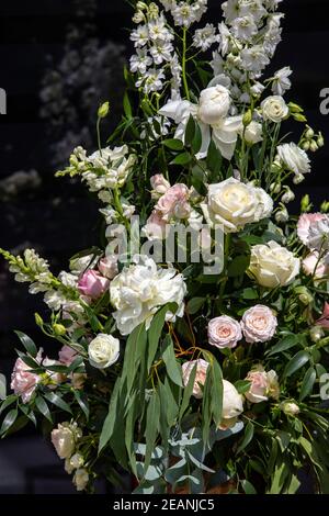 Beeindruckendes floristisches Bouquet von weißen Rosen und Delphinium - grün Drehen Stockfoto