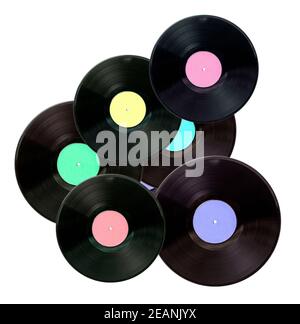 Vinyl-Schallplatte mit farbigem Etikett isoliert auf weißem Hintergrund. Stockfoto