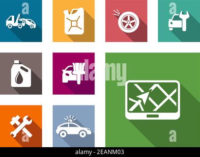 Car Service Flat Icons Set mit Auto Abschleppwagen, Benzin, jerry Can, Öl, Reifen, Schraubenschlüssel oder Schraubenschlüssel, Auto Maler und Navigation Stock Vektor