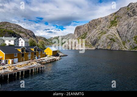 Hafen des kleinen Fischerdorfes Nusfjord, Lofoten, Nordland, Norwegen, Skandinavien, Europa Stockfoto