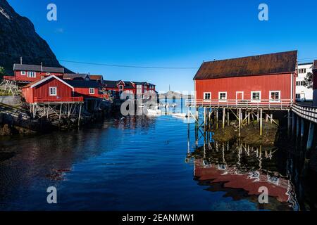 Typische rote Häuser im Dorf A, Lofoten, Nordland, Norwegen, Skandinavien, Europa Stockfoto