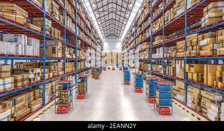 Modernes Lager mit automatisiertem Warenbewegungssystem. Stockfoto