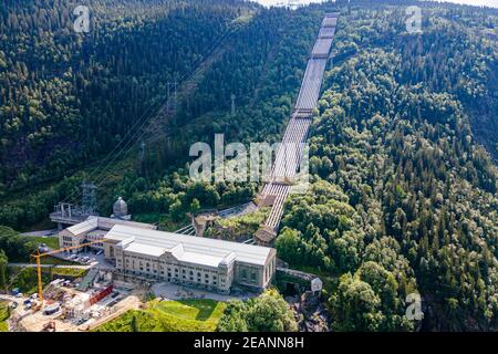 Luftaufnahme des Wasserkraftwerks, Industriedenkmal Rjukan-Notodden, UNESCO-Weltkulturerbe, Vestfold und Telemark, Norwegen Stockfoto