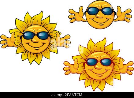 Cartoon lächelnd niedlichen Sonne Zeichen mit Sonnenbrille isoliert auf weißem Hintergrund für Reisen, Wetter und Freizeit-Design Stock Vektor