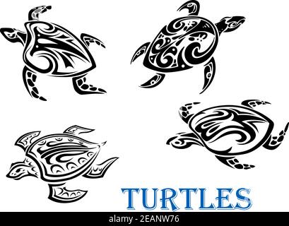 Schwimmende Schildkröten in Tribal Outline-Stil isoliert auf weißem Hintergrund gesetzt. Für Tattoo oder Wildlife Design Stock Vektor