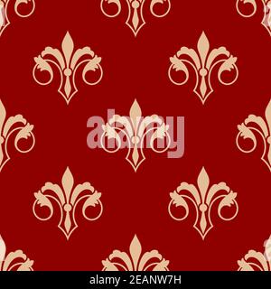 Nahtlose florale elegante Fleur-de-LIS Royal Gold Lilie-Muster im antiken Stil Motiv, gelbe Blumen auf rotem Hintergrund. Geeignet für Tapeten, Fliesen Stock Vektor