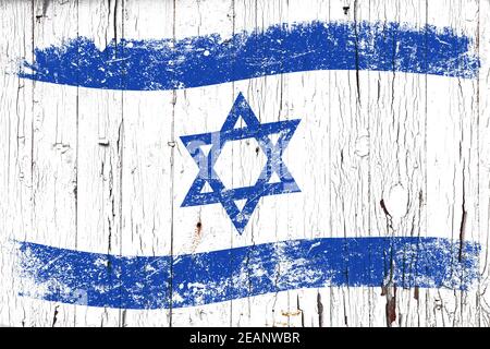 Grunge-Flagge Israels über altem weiß bemaltem Holz Stockfoto