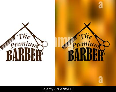 Retro Friseur-Shop Symbol, Logo, Emblem oder Abzeichen mit einem Kamm, Schere und den Text der Premium Barber Stock Vektor