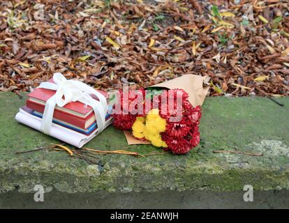 Strauß Chrysanthemen und einen Stapel Bücher Stockfoto