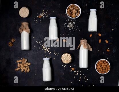 Flaschen vegane Milch auf pflanzlicher Basis aus Samen und Nüssen. Flach auf schwarzem Hintergrund. Stockfoto