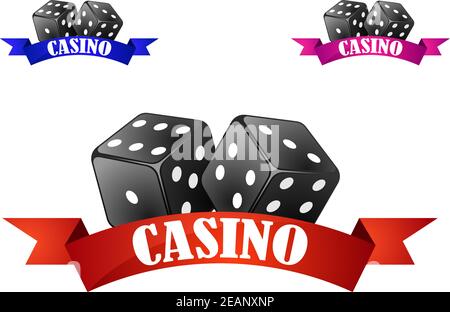 Casino-Emblem oder Abzeichen mit zwei Würfeln über einem roten Band Banner mit dem Wort Casino isoliert auf weißem Hintergrund Stock Vektor