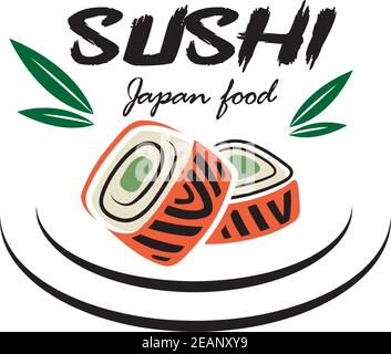 Rot und grün gefärbte japanische Sushi Meeresfrüchte Emblem mit Bambus Blätter geeignet für Restaurant-und Lebensmittel-Logo-Design Stock Vektor