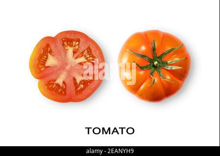 Kreatives Layout aus Tomate auf weißem Hintergrund. Flach liegend. Food-Konzept. Tomate auf weißem Hintergrund. Stockfoto