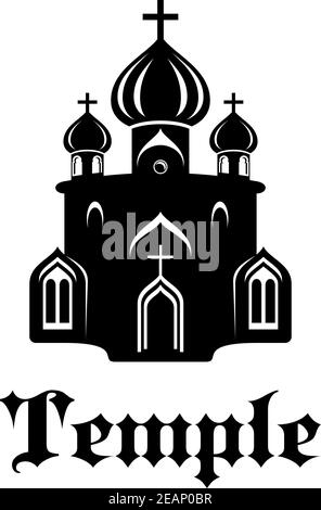 Schwarz-weiße Silhouette des christlichen Tempels oder Kirche mit Frontfassade und drei Zwiebelkuppeln für Religion und Christentum Design Stock Vektor