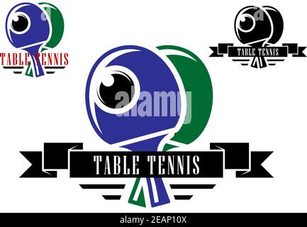 Tischtennis Embleme und Symbole isoliert auf weißem Hintergrund mit Schläger und Ball für sportliches Design Stock Vektor